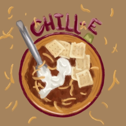 "Chill-E (Tribute To A Broken Bowl)" shows a bowl of chilli including sour cream, crackers, and cheese. A spoon rests in the chilli and cheese falls around the bowl and text. Text above bowl reads "Chill-E"