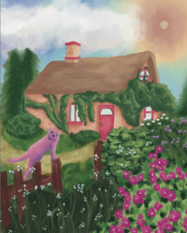 "Whiskered Wanderings" depicts seemingly normal landscape with a brick cottage covered in plants and a garden of several flowers. A pink cat with several eyes climbs on the garden fence.