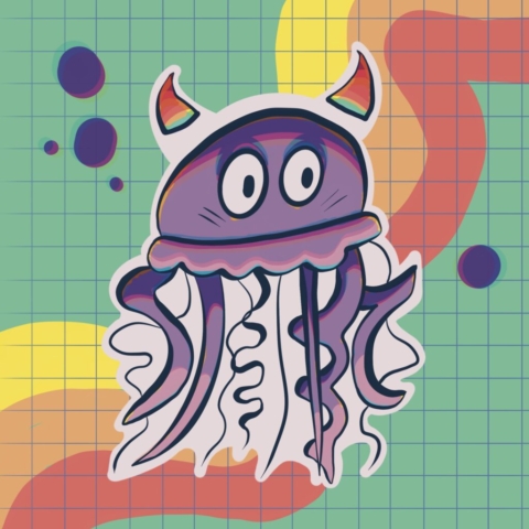 "Evil Jelly Fish Sticker" is a sticker design with themed background. The purple jellyfish has wide eyes and red horns.