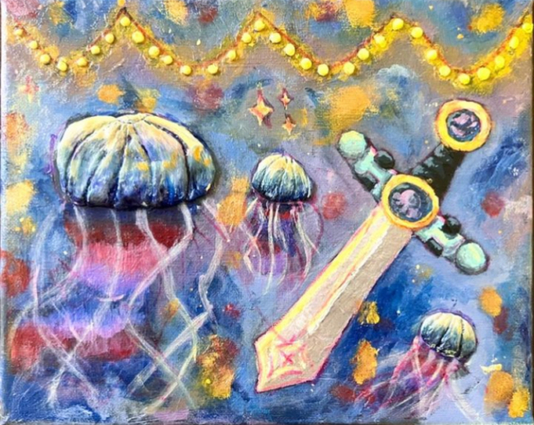 An acrylic painting of jellyfish in floating around a sword with fairy lights hanging above them