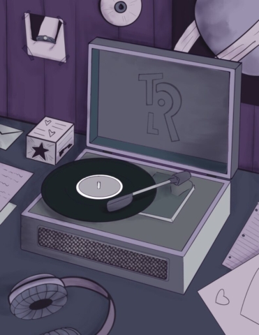 A Record player sitting on a desk playing a record. This is surrounded by clutter such as headphones, papers, posters, and a CD on the wall..