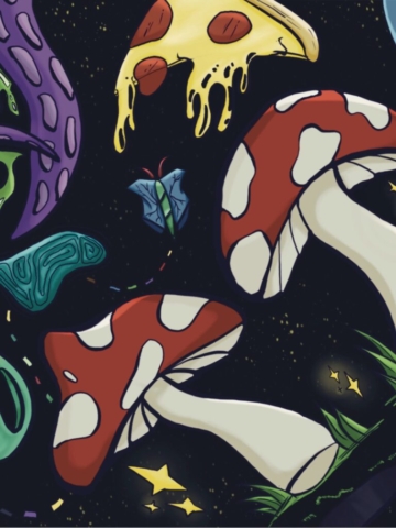 Stellar Slices shows a section of a digital painting (not the full image) with two mushrooms, and blue butterfly, a slice of pizza with dripping cheese, and gooey octopus tentacles with a space background