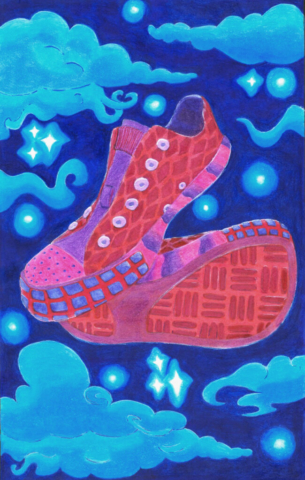 A pair of pink, purple, and red, shoes floating in a blue sky, surrounded by stars and clouds.