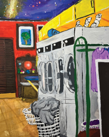 A gouache painting of a laundry room. There is.a basket of clothes and tile floor. Four washing machines line the wall on the right. Clothes hang from a pole. There is a yellow vent with a door on the top and a view of space instead of a ceiling.