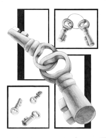 A pencil drawing of keys in different formations