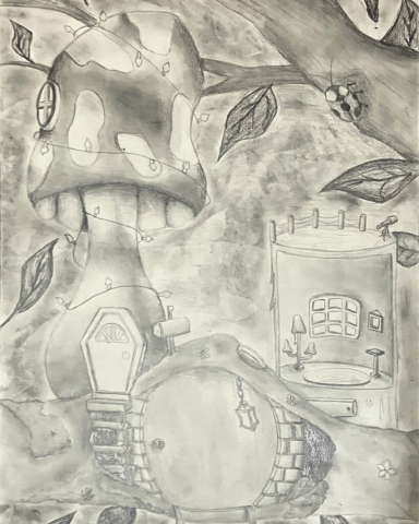 A pencil drawing in a tree with a mushroom house and two other houses built into the branches. There is a ladybug on the top right branch and fairy lights around the mushroom cap.