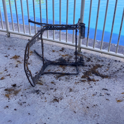 an image of a rusty, broken, chair pulled out of a lake