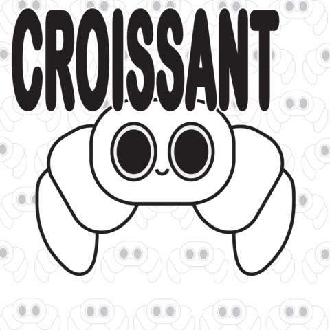 One of four matching dessert themed designs. This croissant has big eyes and a smile, text above in the top left corner say "Croissant" in all caps. Background shows repeating pattern of main image but smaller and lower opacity.