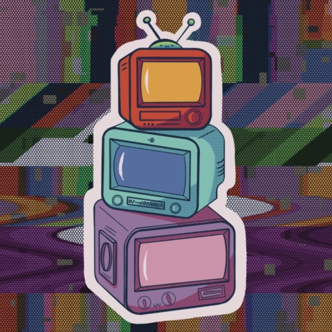 A sticker of red, blue, and purple TVs stacked on top of each other with a themed background pattern