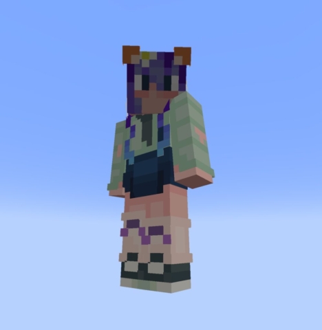 3/4 view of a mincraft skin design. skin has fox ears, purple/blue hair, a ripped up green shirt. The character is wearing uneven socks with purple bows and tennis shoes