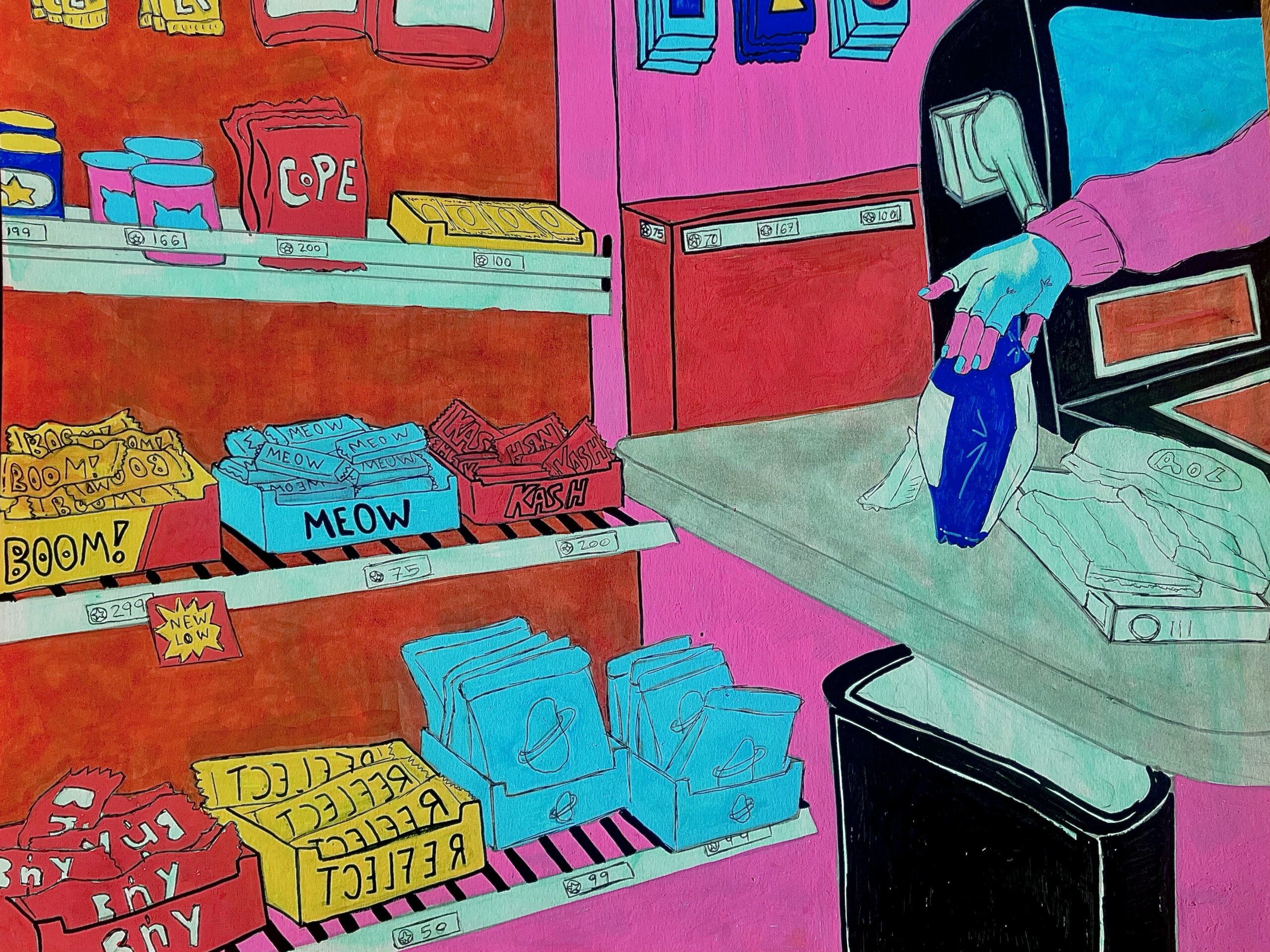 an Acrylic Painting of a self checkout machine and candy shelves next to it. A hand is shown grabbing a chip bag off the counter coming from the right side. The main colors are red, pink, and blue, with pops of yellow