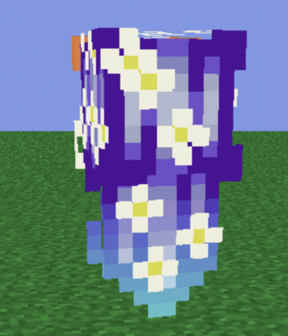 A minecraft skin design showing only the back of the head. Head has long hair. Hair has a dark purple to light blue gradient and several white flowers randomly placed